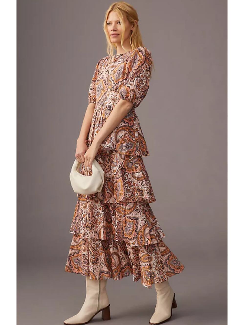Anthropologie x Kachel Tiered Maxi Dress Paisley Puff Sleeve Ruffle Boho Floral